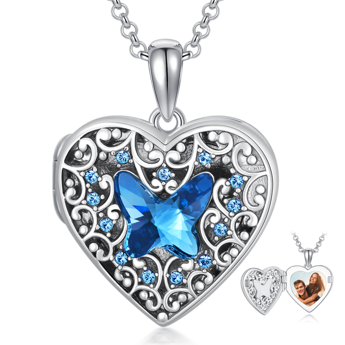 Sterling Silver Blue Butterfly Crystal Heart Personalized Photo Locket Necklace For Women-1