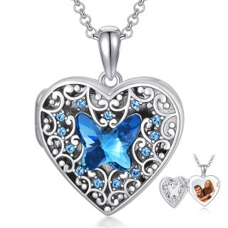 Sterling Silver Blue Butterfly Crystal Heart Personalized Photo Locket Necklace For Women-9