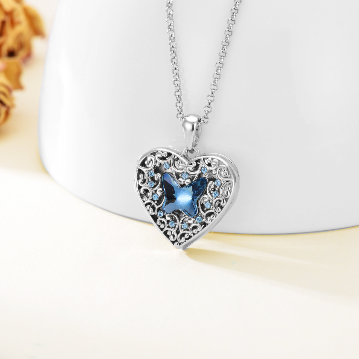 Sterling Silver Blue Butterfly Crystal Heart Personalized Photo Locket Necklace For Women-3