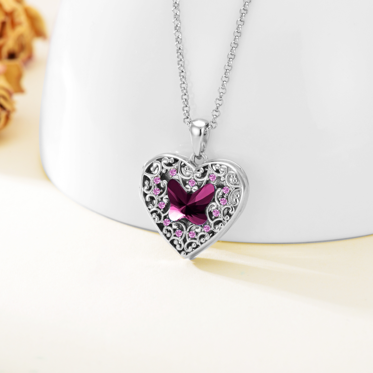 Sterling Silber lila Schmetterling Kristall Herz personalisierte Foto Medaillon Halskette für Frauen-3