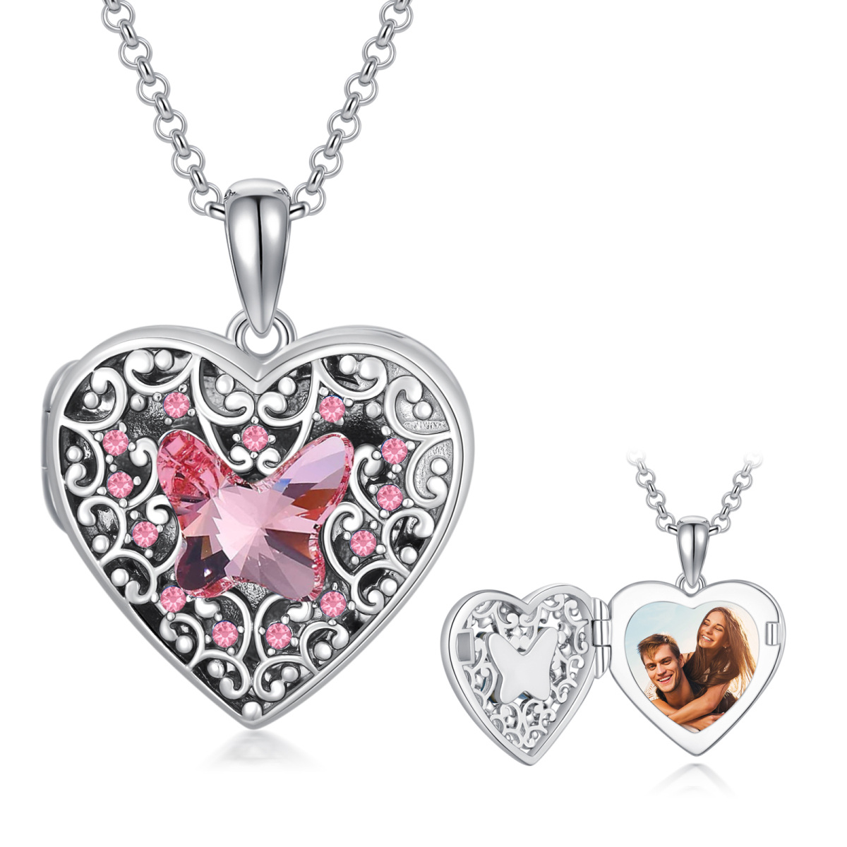 Sterling Silver Pink Butterfly Crystal Heart Personalized Photo Locket Necklace For Women-1
