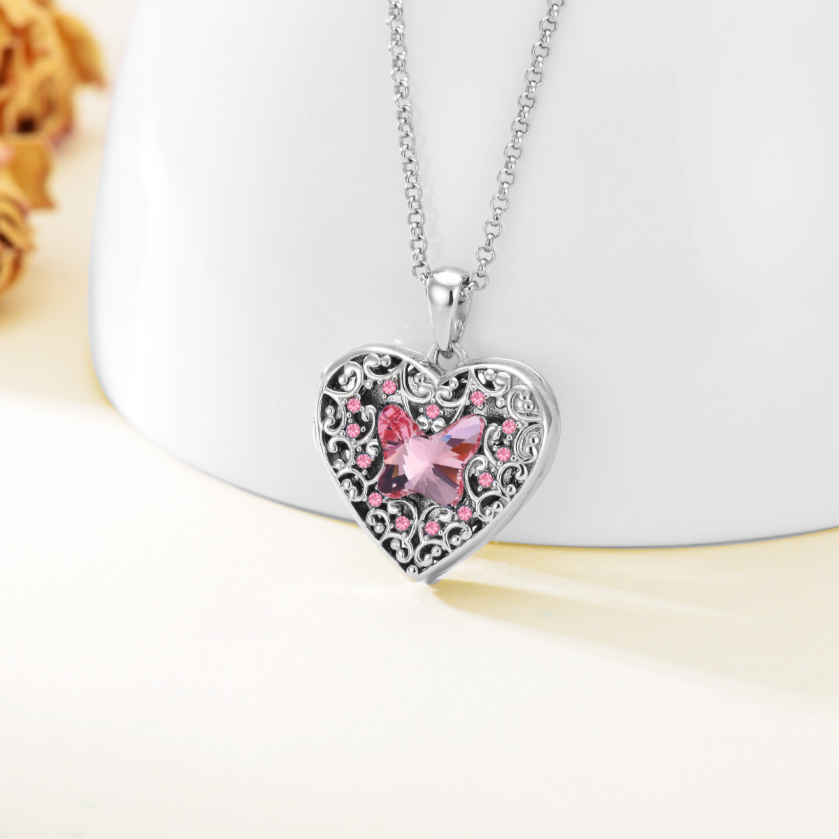 Sterling Silver Pink Butterfly Crystal Heart Personalized Photo Locket Necklace For Women-3