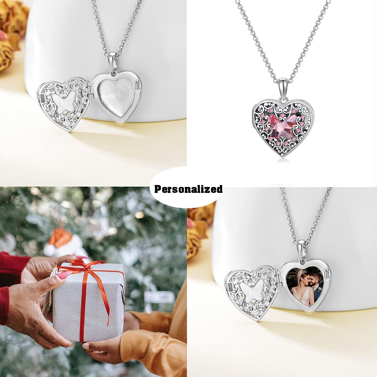 Sterling Silver Pink Butterfly Crystal Heart Personalized Photo Locket Necklace For Women-5