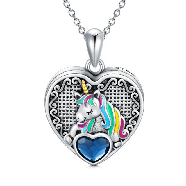 Sterling Silver Heart Shaped Crystal Personalized Photo & Unicorn Personalized Photo Locket Necklace-1