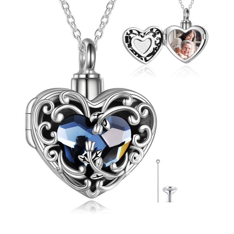 Sterling Silver Heart Crystal Personalised Photo Urn Necklace For Ashes With Engraved Word-1