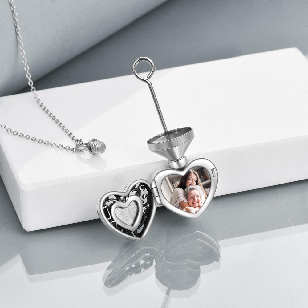 Personalisierte Foto-Urnen-Halskette aus Sterlingsilber mit Herzkristall für Asche mit eingraviertem Wort-7