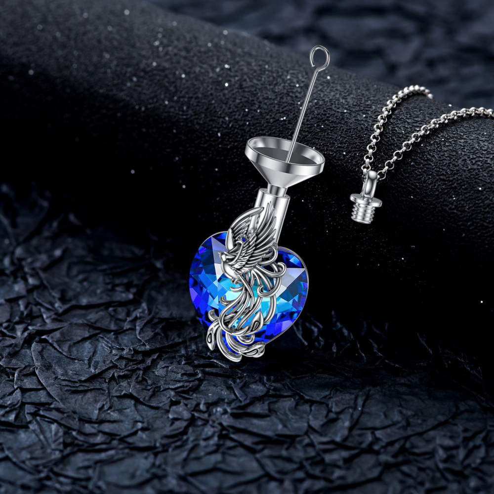 Sterling Silver Heart Shaped Crystal Phoenix Urn Necklace for Ashes-3