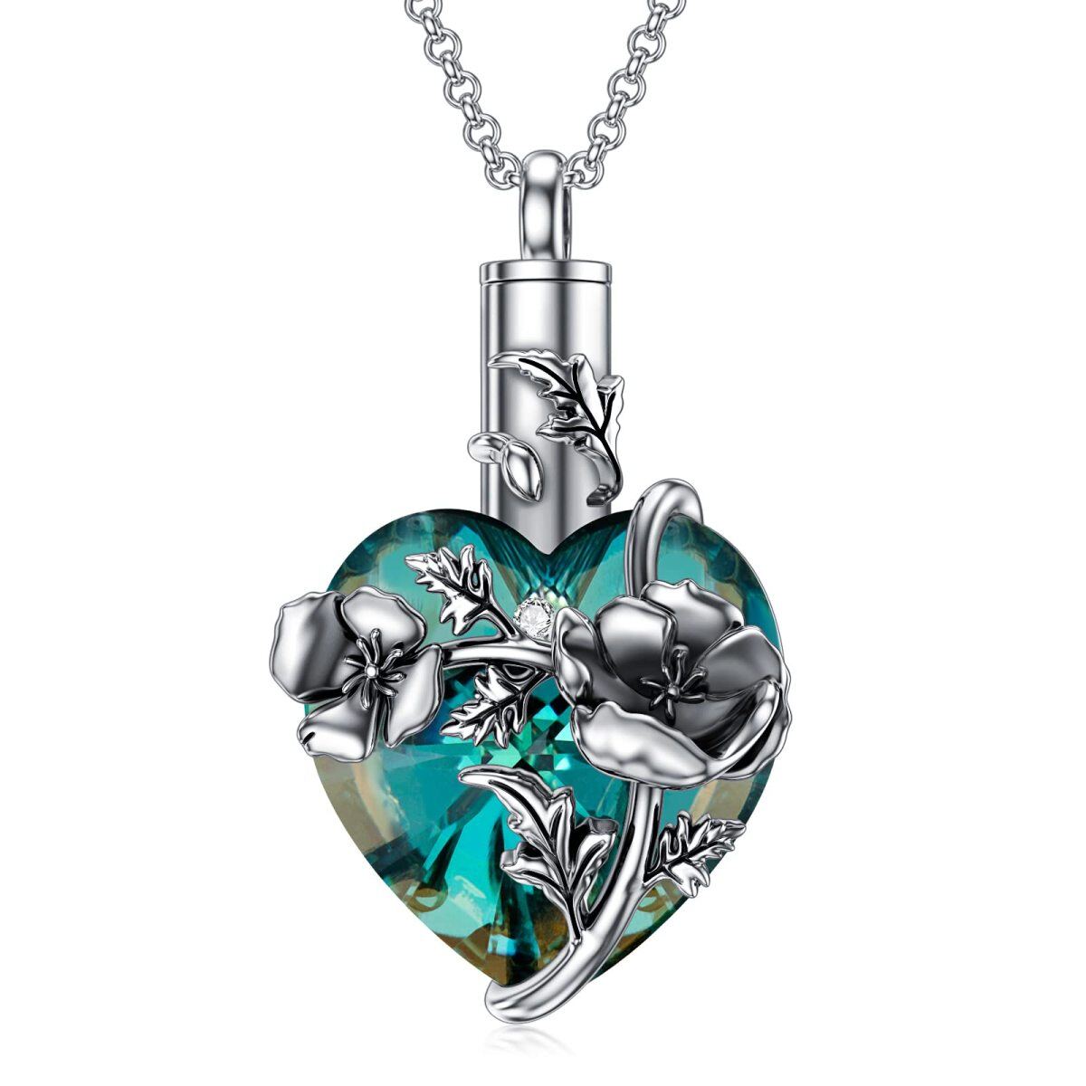 Sterling Silver Heart Shaped Crystal Poppy & Heart Urn Necklace for Ashes-3