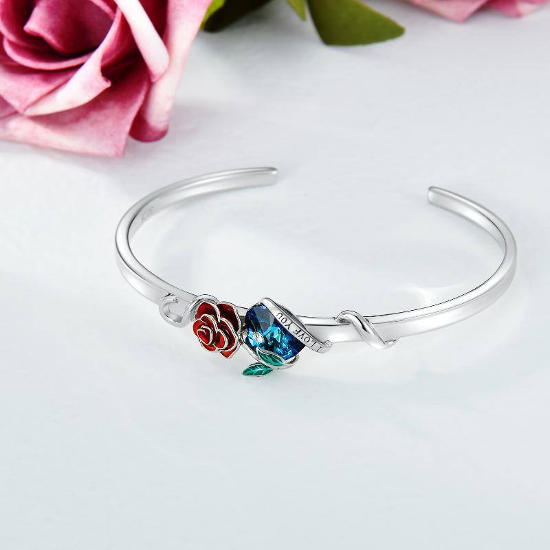 Sterling Silver Heart Shaped Crystal Rose Pendant Bangle with Engraved Word-3