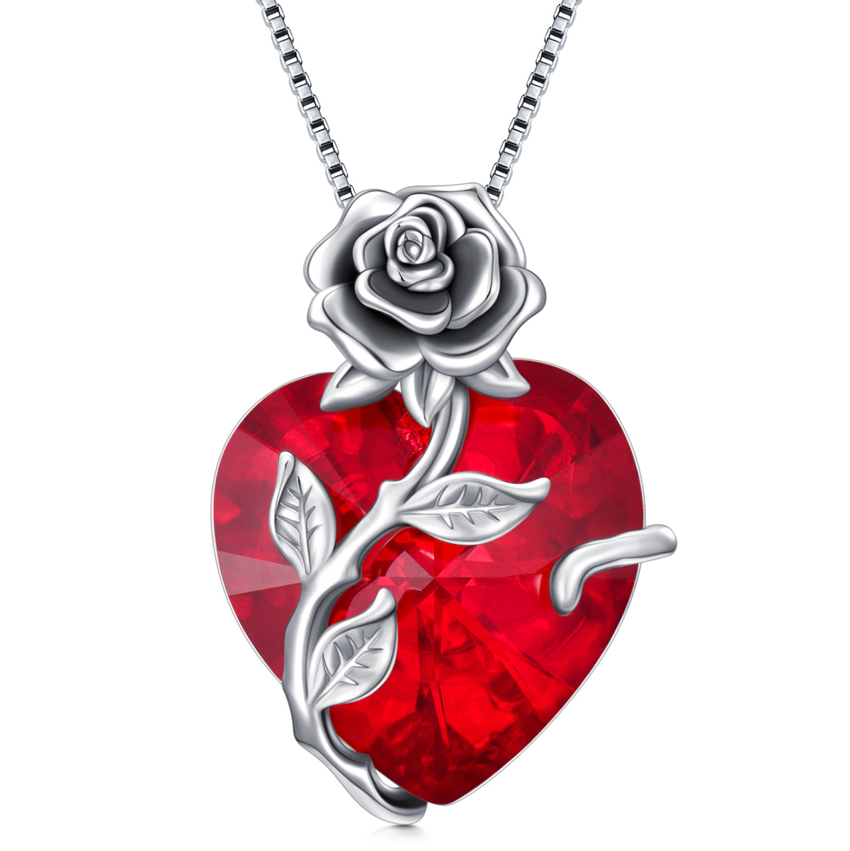 Sterling Silver Heart Crystal Rose Pendant Necklace For Women-1