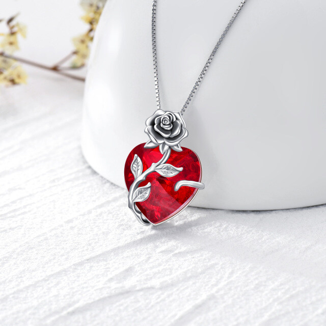 Sterling Silver Heart Shaped Crystal Rose & Heart Pendant Necklace-3