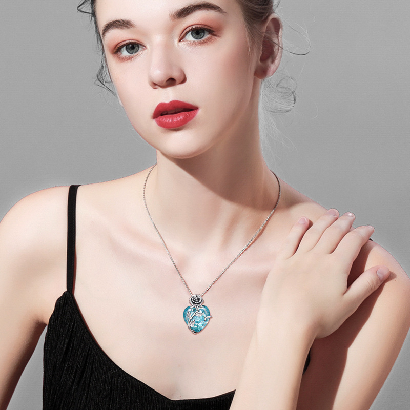 Sterling Silver Heart Crystal Rose Pendant Necklace For Women-2
