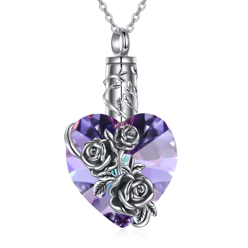 Sterling Silver Heart Cut Crystal Rose Urn Necklace for Ashes-1