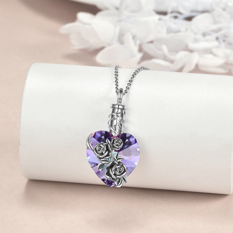 Sterling Silver Heart Cut Crystal Rose Urn Necklace for Ashes-3