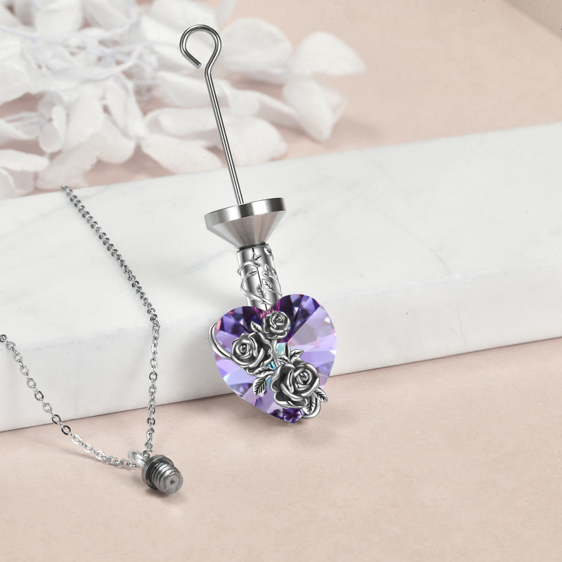 Sterling Silver Heart Cut Crystal Rose Urn Necklace for Ashes-4