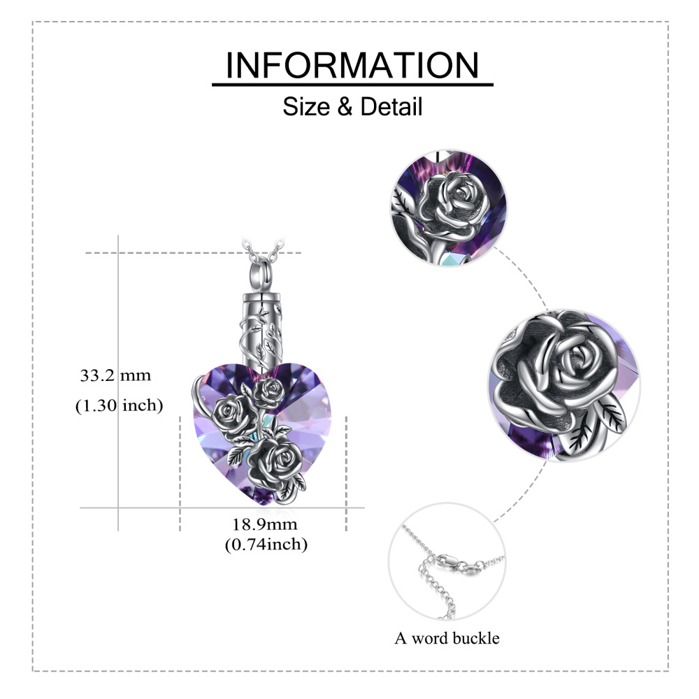 Sterling Silver Heart Cut Crystal Rose Urn Necklace for Ashes-5