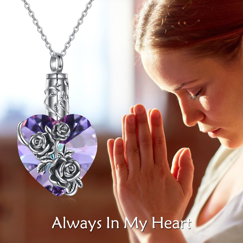 Sterling Silver Heart Cut Crystal Rose Urn Necklace for Ashes-6