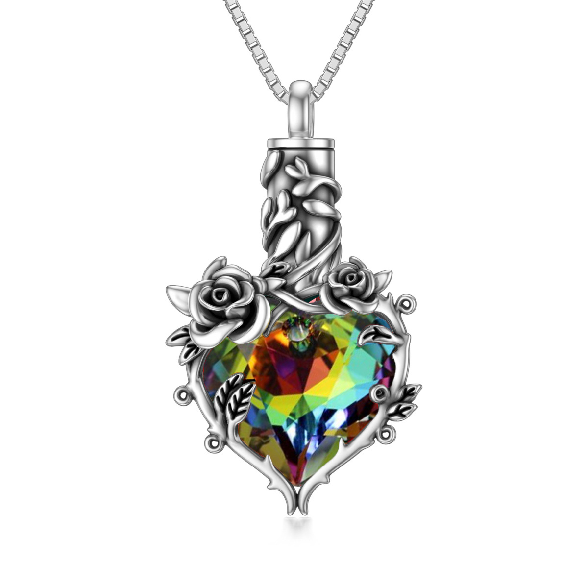 Sterling Silver Oxidized Colored Crystal Rose & Heart Urn Necklace For Ashes Cremation Memorial Jewelry-1