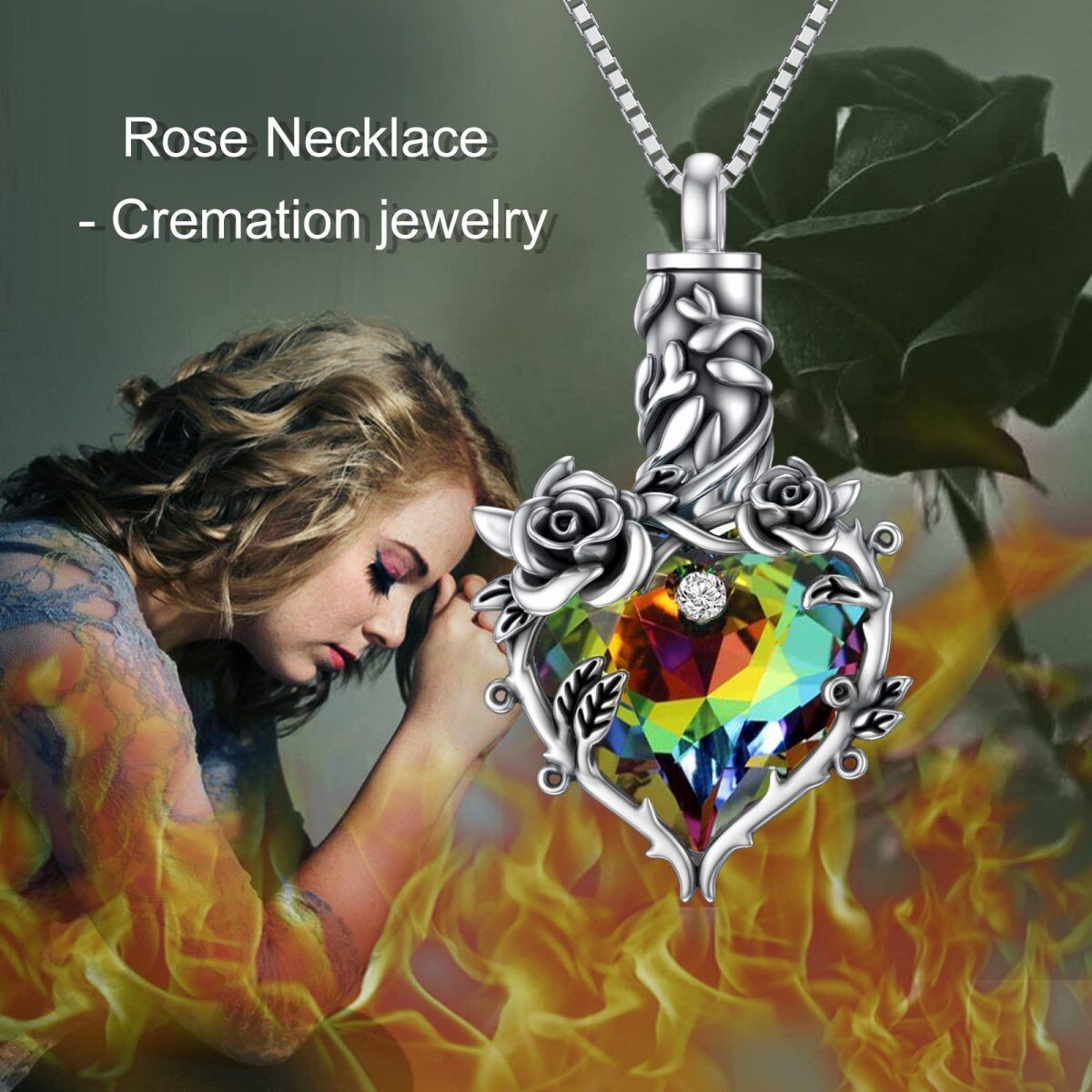 Collana in argento sterling ossidato con rosa di cristallo colorato e urna a cuore per gioielli commemorativi per la cremazione delle ceneri-3