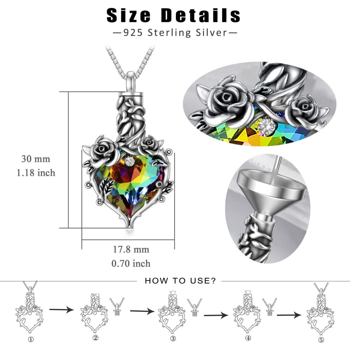 Sterling Silver Oxidized Colored Crystal Rose & Heart Urn Necklace For Ashes Cremation Memorial Jewelry-6