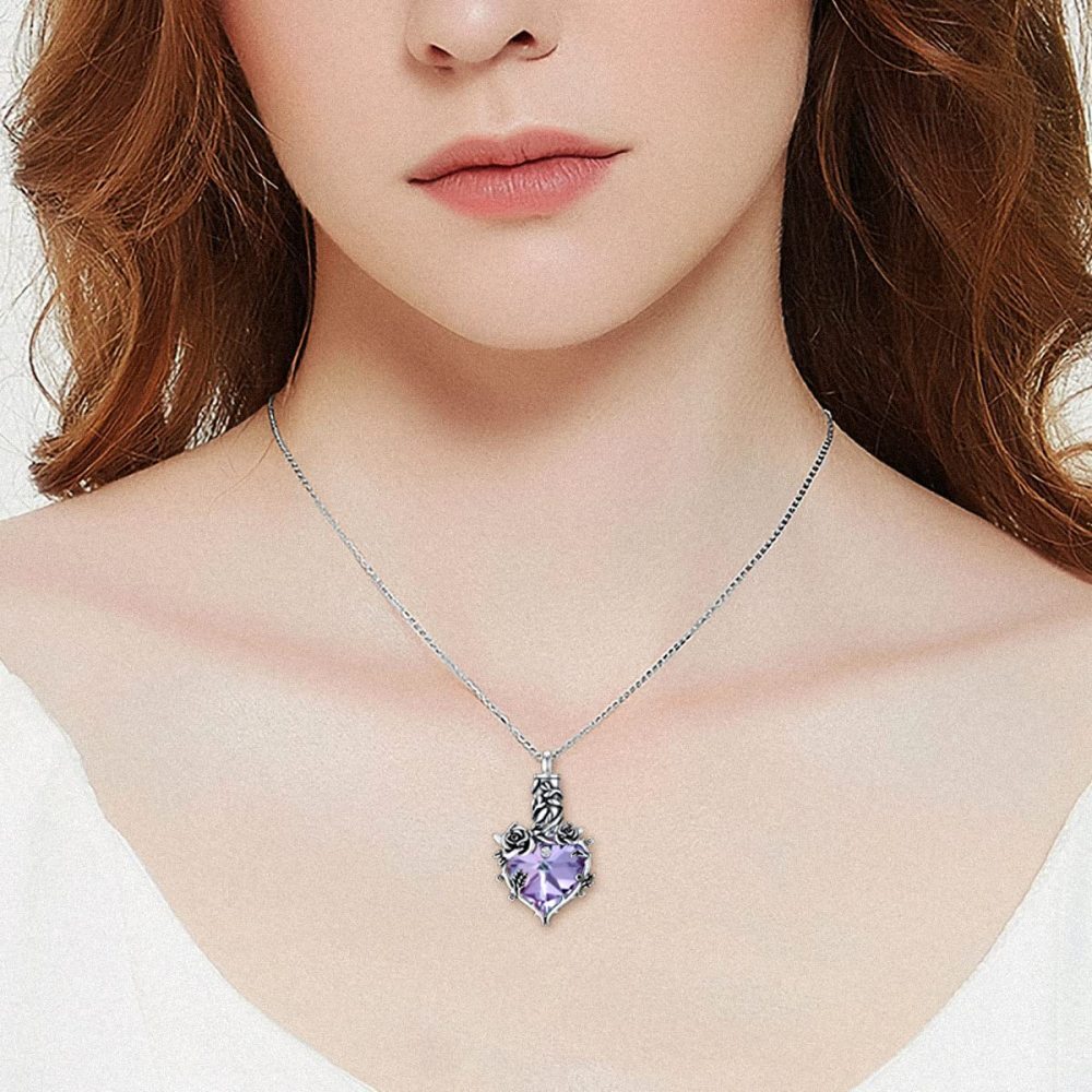 Colar em prata de lei com cristal violeta oxidado e coração de rosa para urna de cinzas, joia memorial de cremação-2