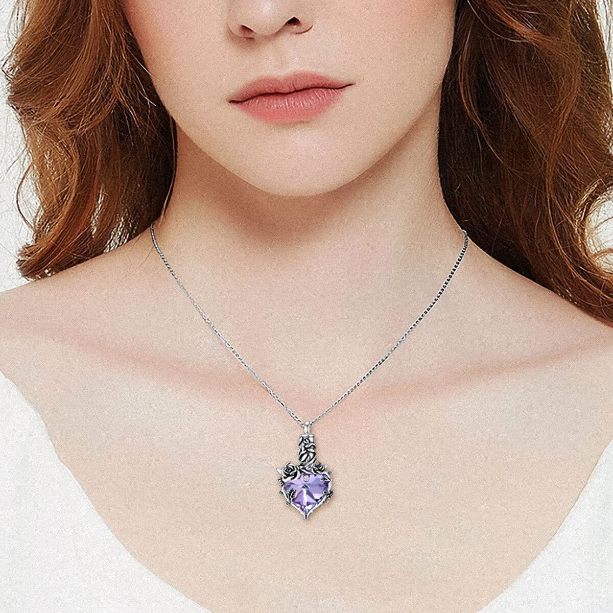 Sterling Silver Oxidized Violet Crystal Rose & Heart Urn Necklace For Ashes Cremation Memorial Jewelry-2