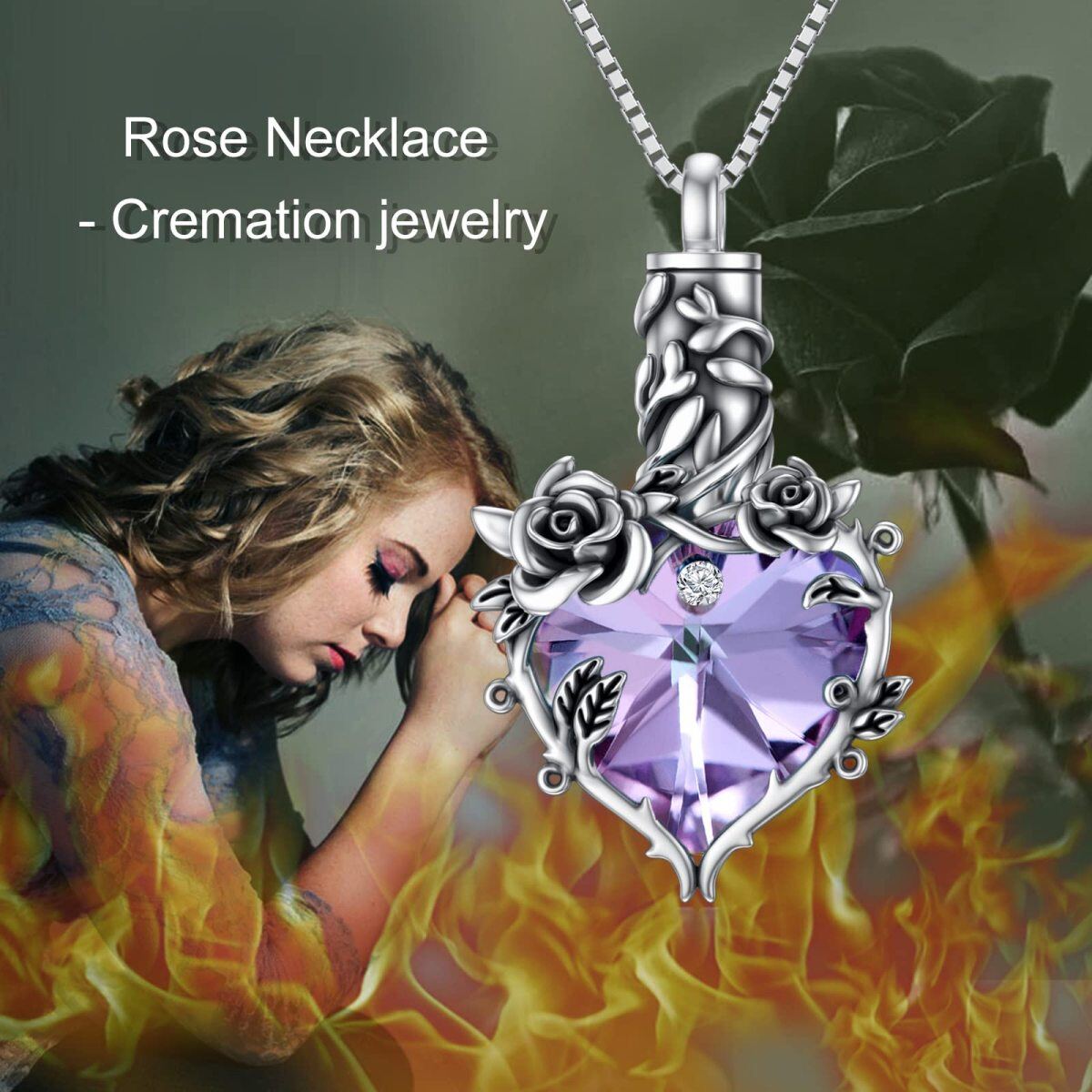 Sterling Silver Oxidized Violet Crystal Rose & Heart Urn Necklace For Ashes Cremation Memorial Jewelry-3