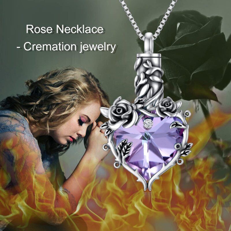 Collana con urna a forma di cuore in cristallo viola ossidato in argento sterling per ceneri, gioiello commemorativo per la cremazione-3