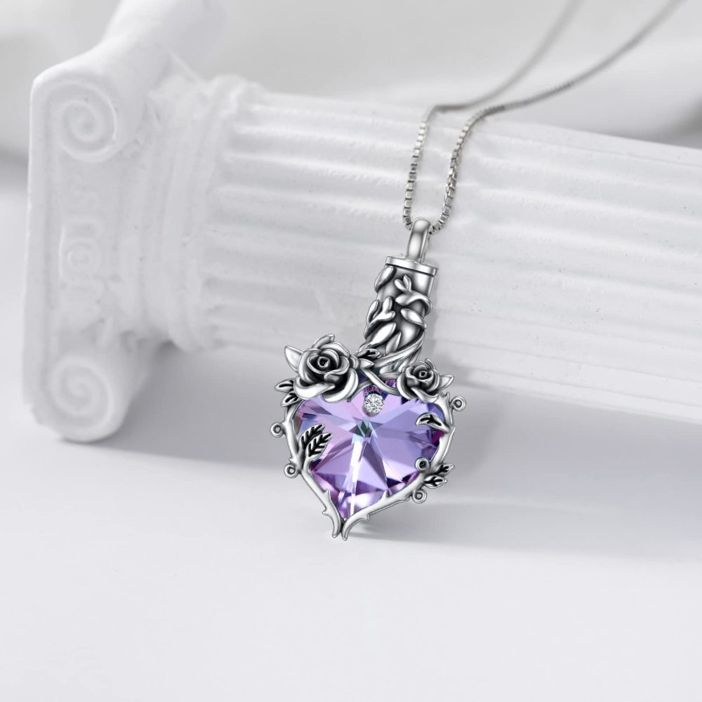 Colar em prata de lei com cristal violeta oxidado e coração de rosa para urna de cinzas, joia memorial de cremação-4
