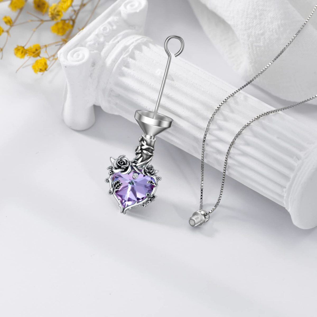 Sterling Silver Oxidized Violet Crystal Rose & Heart Urn Necklace For Ashes Cremation Memorial Jewelry-5