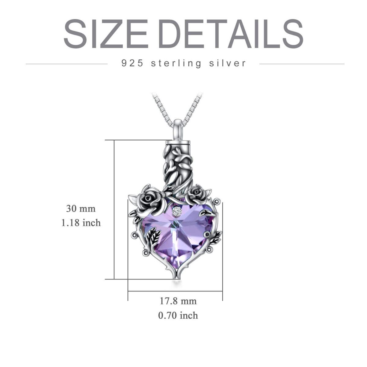 Sterling Silver Oxidized Violet Crystal Rose & Heart Urn Necklace For Ashes Cremation Memorial Jewelry-6