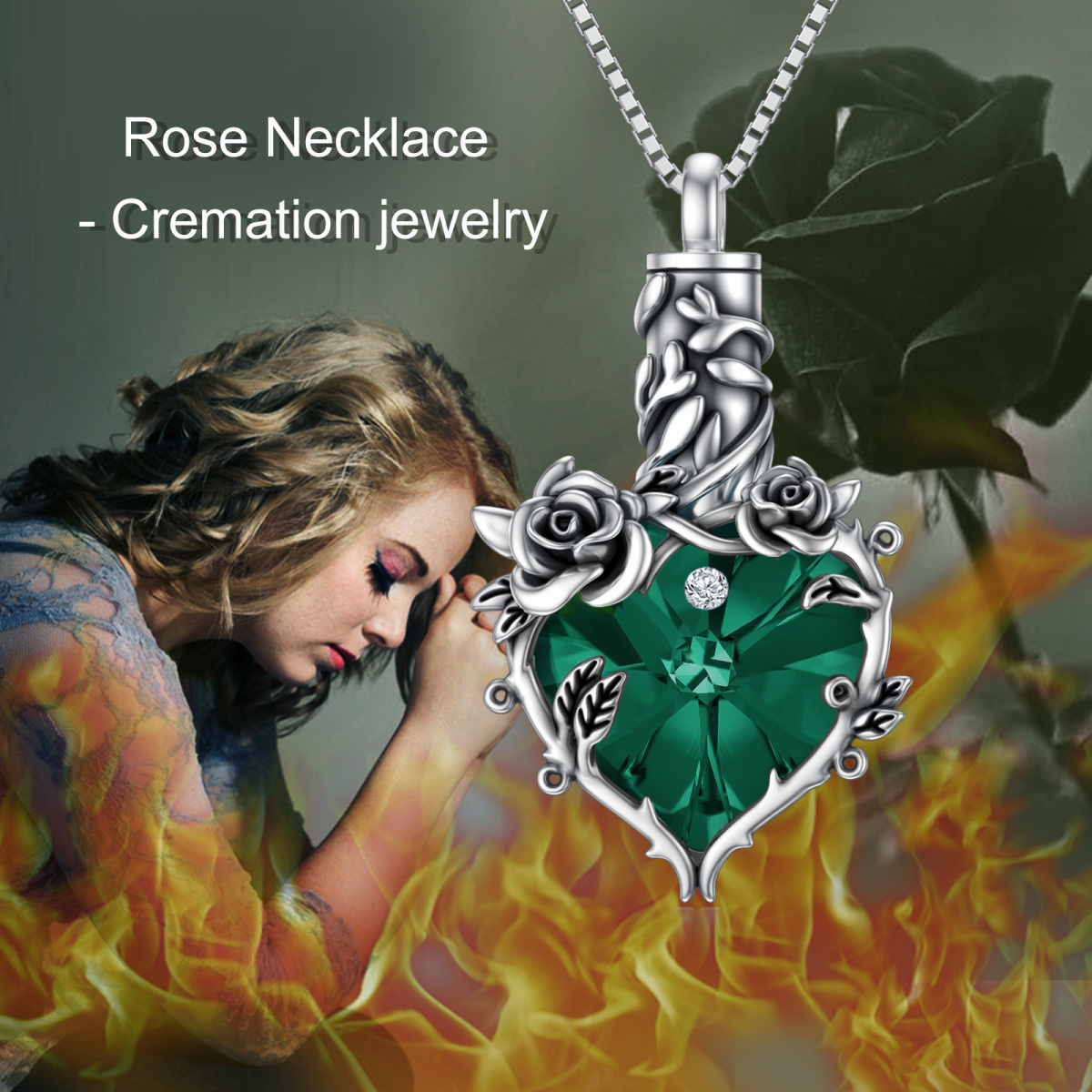 Sterling Silver Oxidized Emerald Crystal Rose & Heart Urn Necklace For Ashes Cremation Memorial Jewelry-3