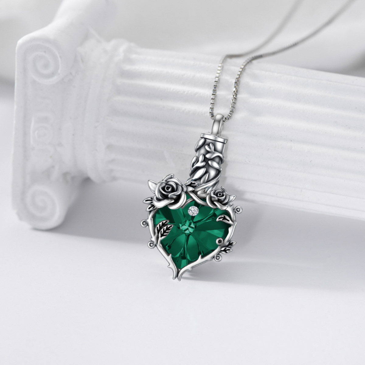 Sterling Silver Oxidized Emerald Crystal Rose & Heart Urn Necklace For Ashes Cremation Memorial Jewelry-4