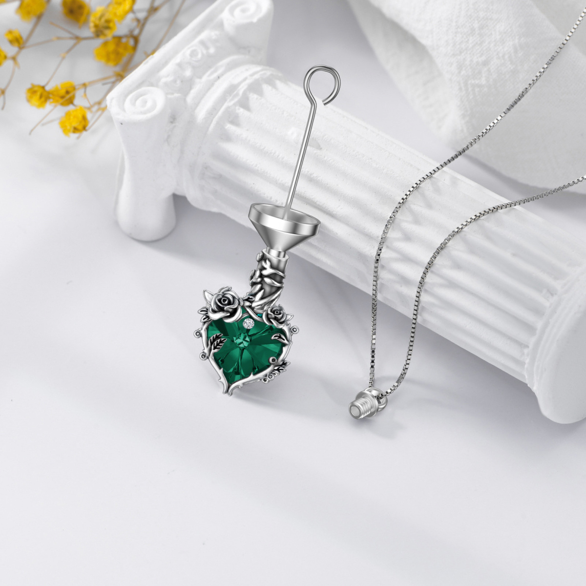 Sterling Silver Oxidized Emerald Crystal Rose & Heart Urn Necklace For Ashes Cremation Memorial Jewelry-5