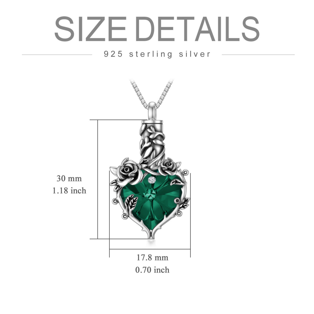 Sterling Silver Oxidized Emerald Crystal Rose & Heart Urn Necklace For Ashes Cremation Memorial Jewelry-6