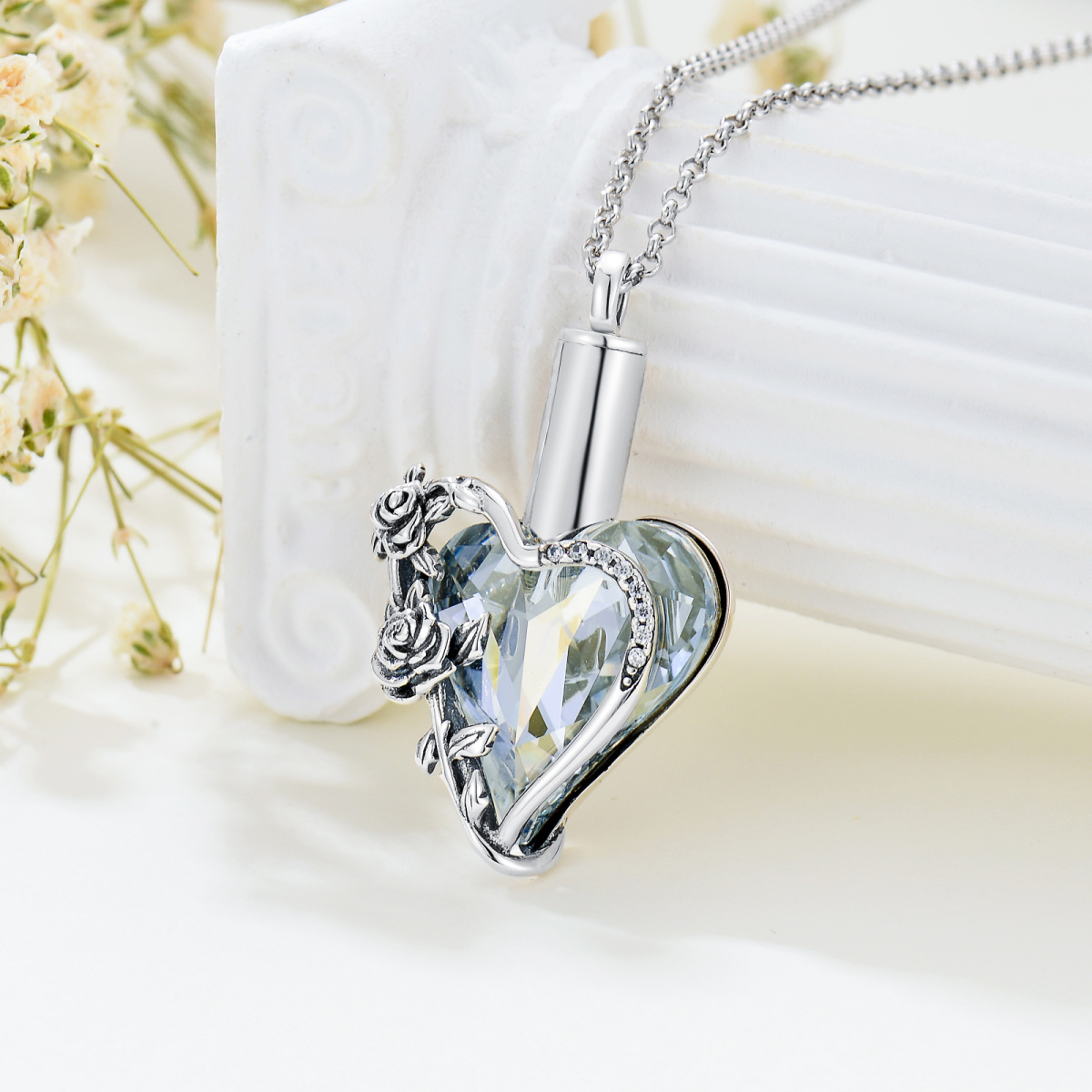 Collar de plata de ley con forma de corazón, rosa y corazón, urna para cenizas para mujeres, mejores amigas-4