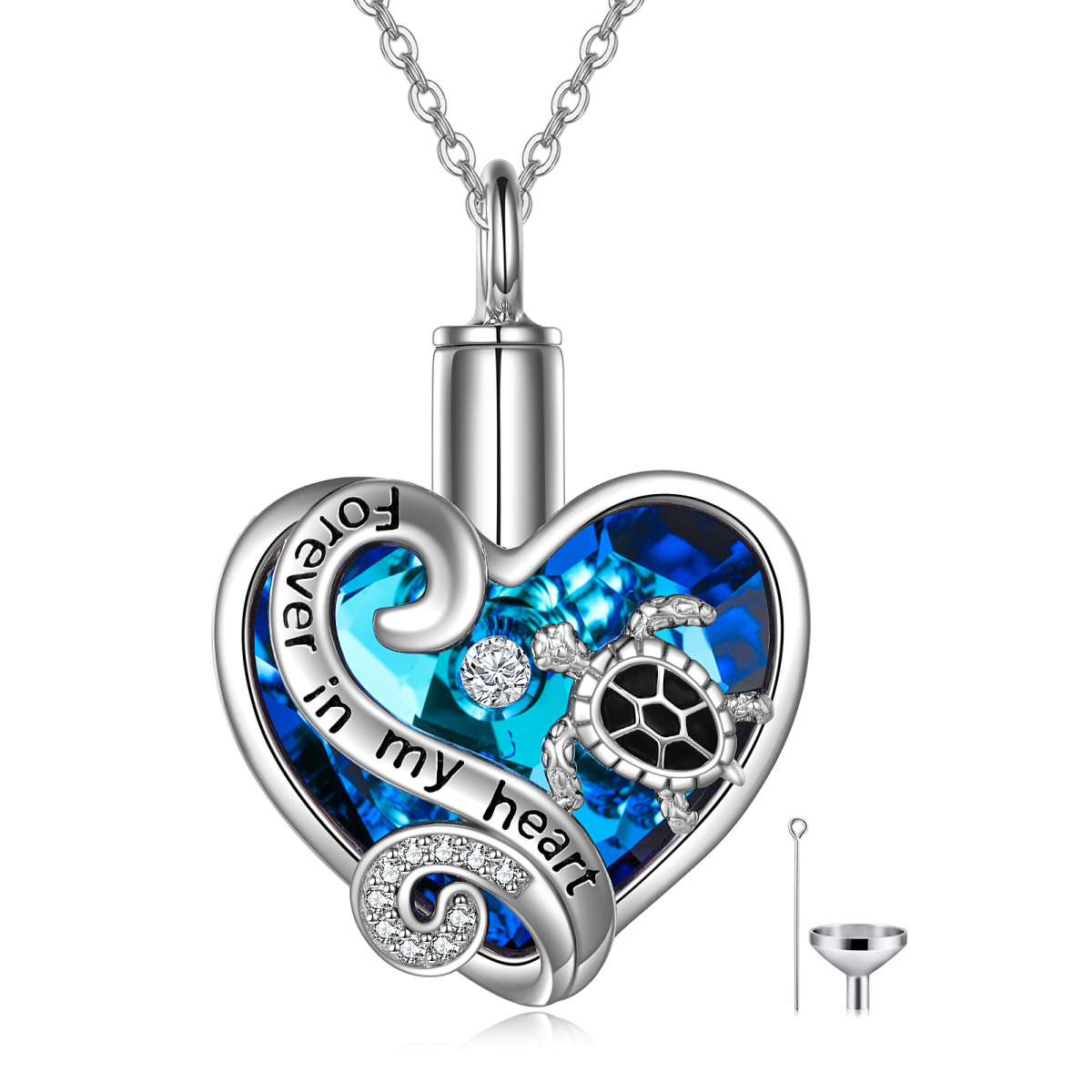 Collar de urna de tortuga marina con cristal de corazón de plata de ley para cenizas para mujer-1