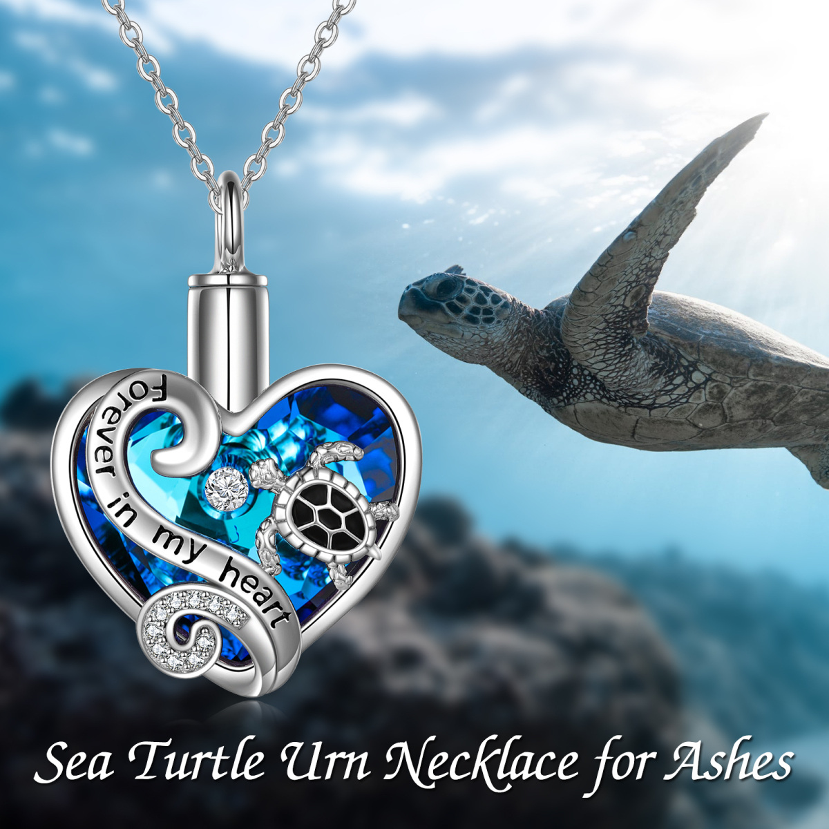 Collar de urna de tortuga marina con cristal de corazón de plata de ley para cenizas para mujer-5