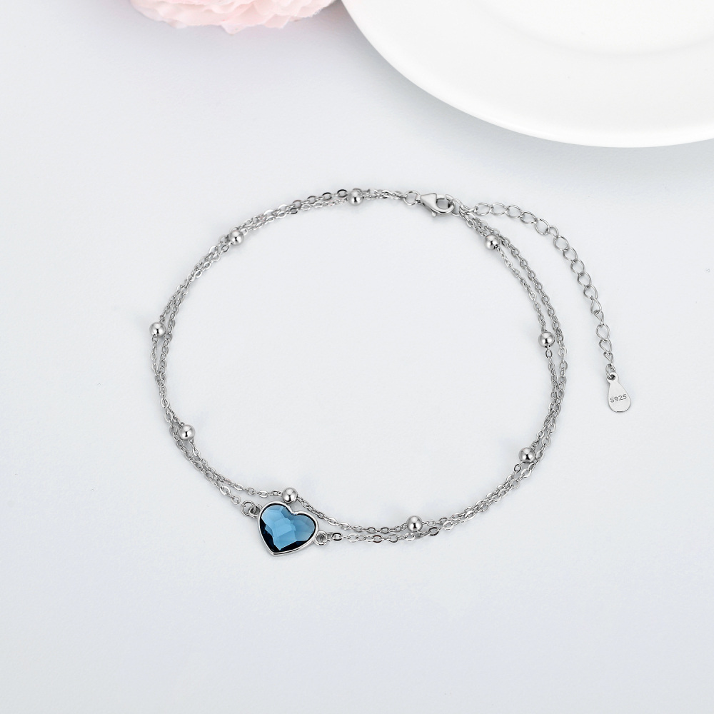 Tobillera de una sola capa con cristal de corazón de plata esterlina para mujer-3
