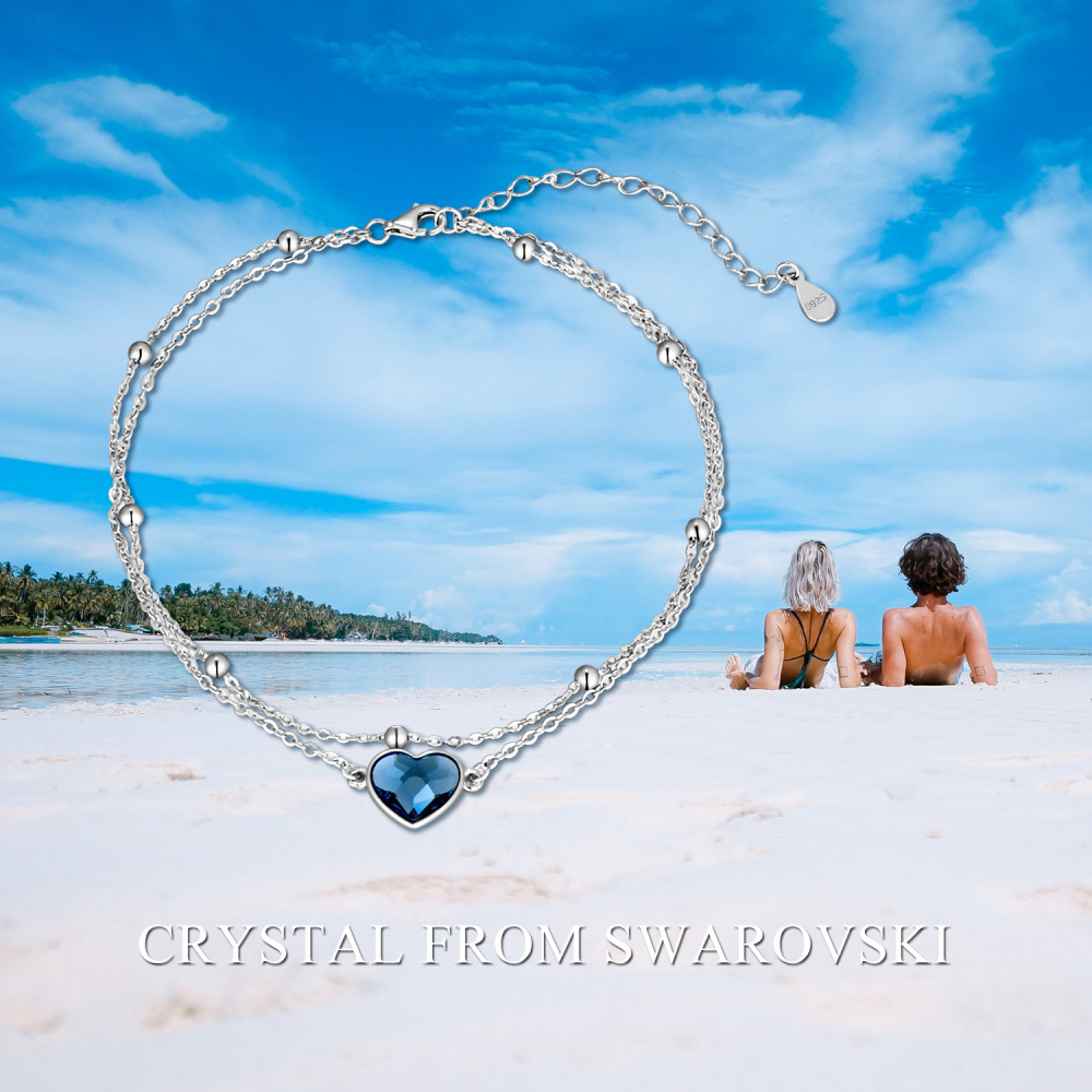 Tobillera de una sola capa con cristal de corazón de plata esterlina para mujer-4