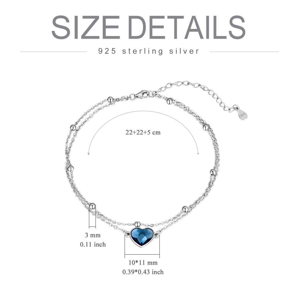 Tobillera de una sola capa con cristal de corazón de plata esterlina para mujer-5
