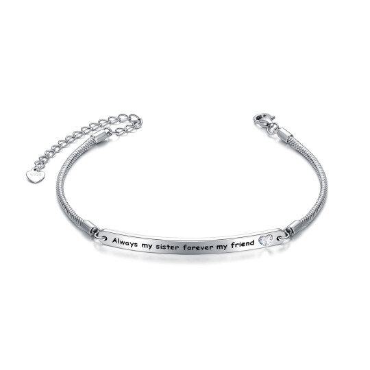 Sterling Silver Heart Crystal Sisters & Heart Identification Bracelet With Engraved Word