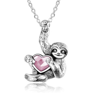 Sterling Silver Heart Shaped Crystal Sloth Pendant Necklace-57