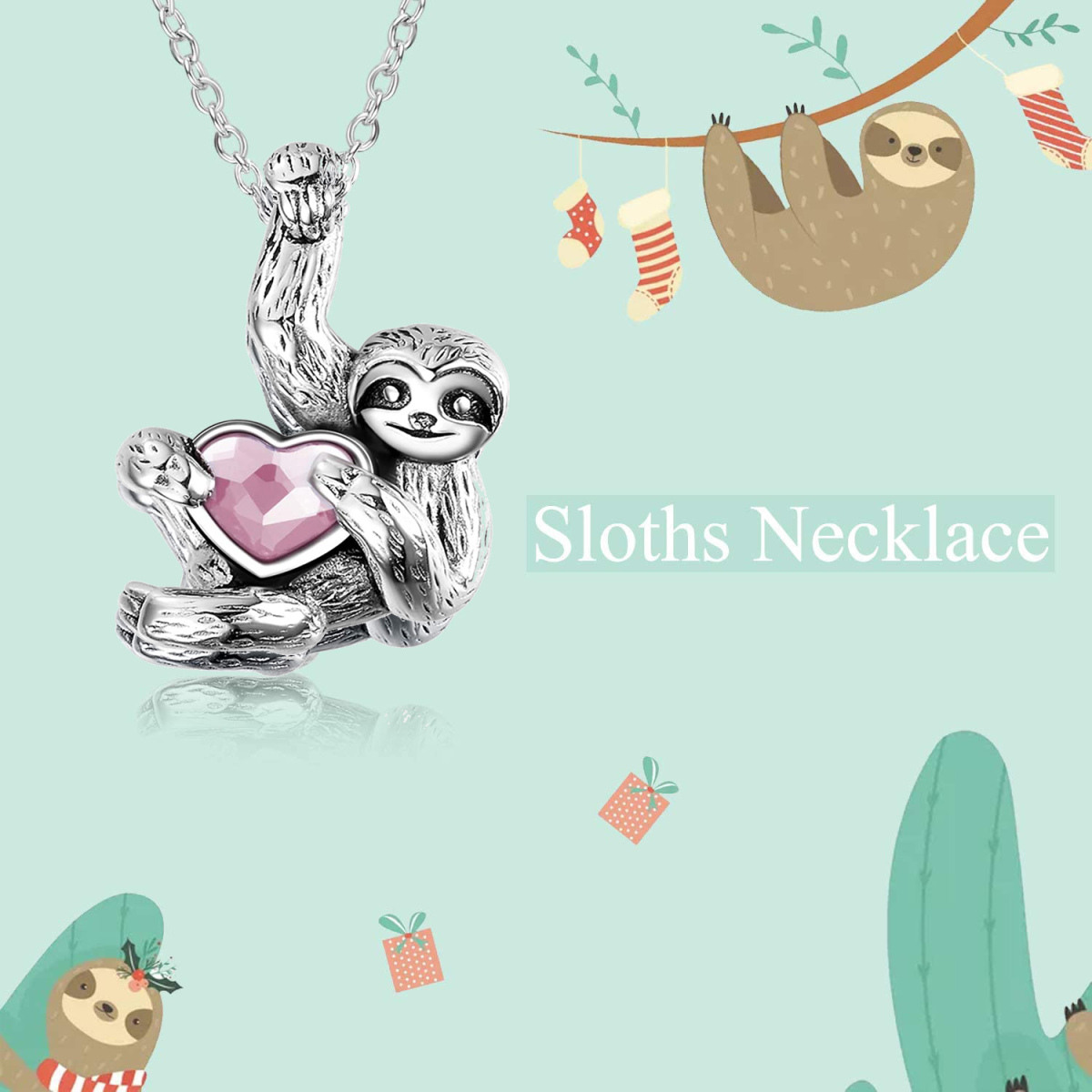 Sterling Silver Heart Shaped Crystal Sloth Pendant Necklace-4