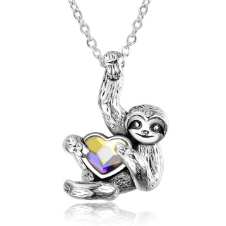 Sterling Silver Heart Shaped Crystal Sloth Pendant Necklace-18