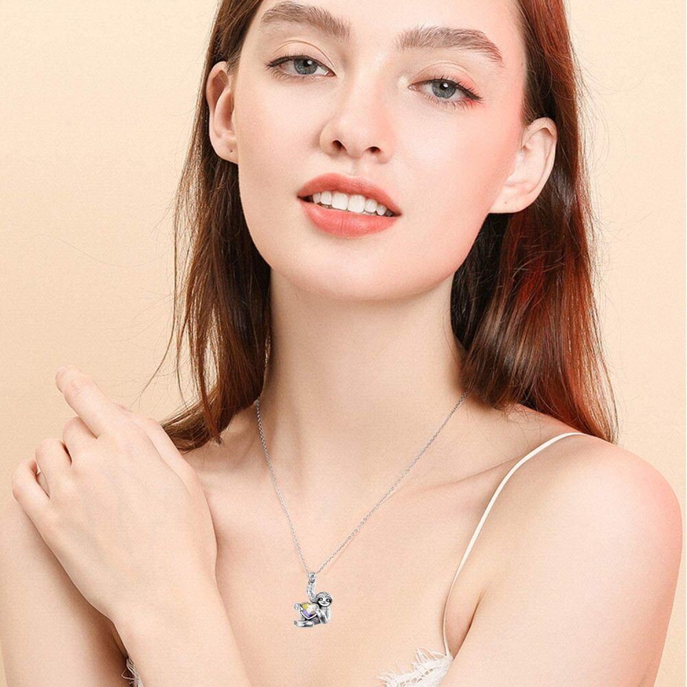 Sterling Silver Heart Shaped Crystal Sloth Pendant Necklace-2