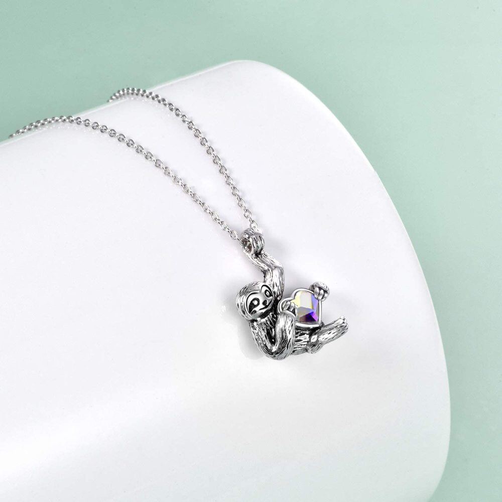 Sterling Silver Heart Shaped Crystal Sloth Pendant Necklace-3
