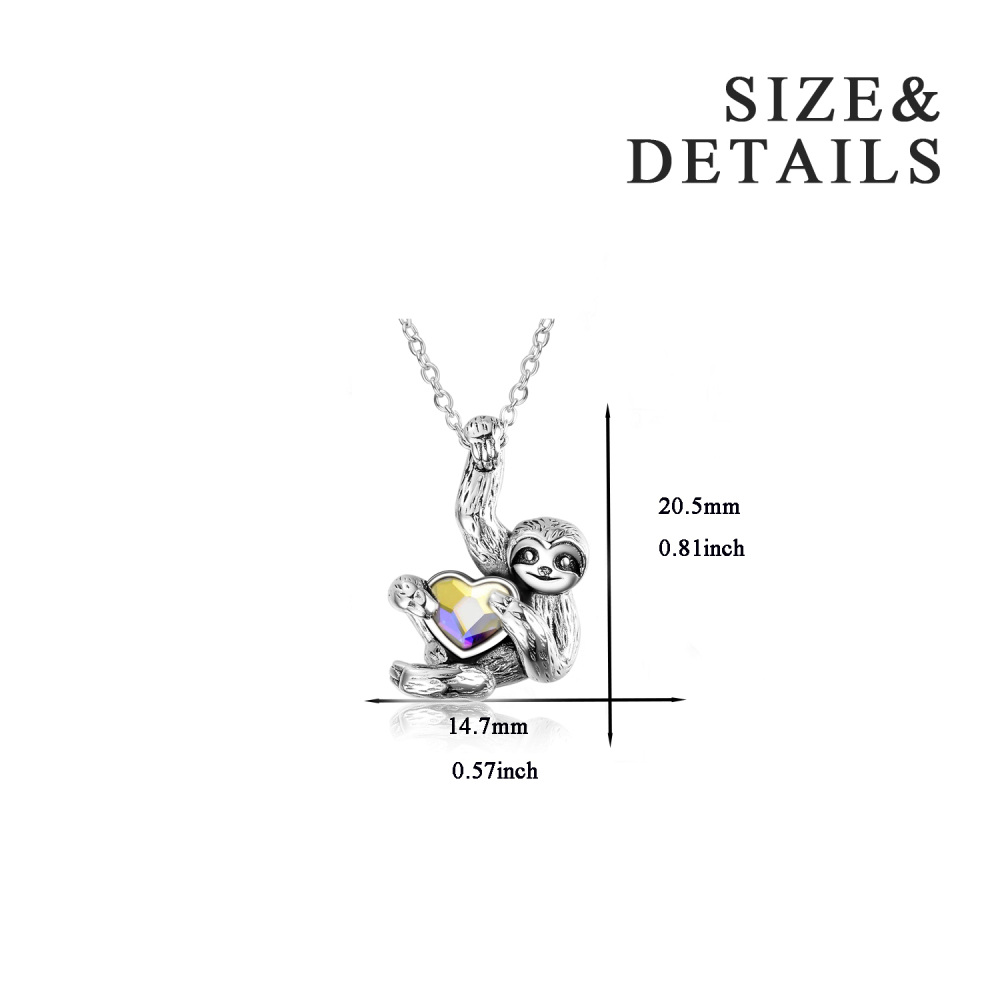 Sterling Silver Heart Shaped Crystal Sloth Pendant Necklace-5