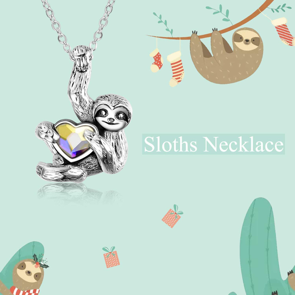 Sterling Silver Heart Shaped Crystal Sloth Pendant Necklace-6