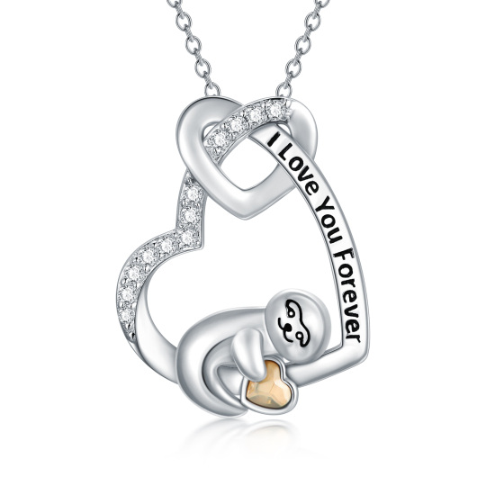 Sterling Silver Heart Shaped Crystal Sloth & Heart Pendant Necklace with Engraved Word